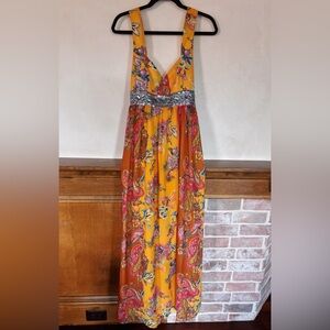 Vibrant Vintage Maxi Dress with Silver Accents